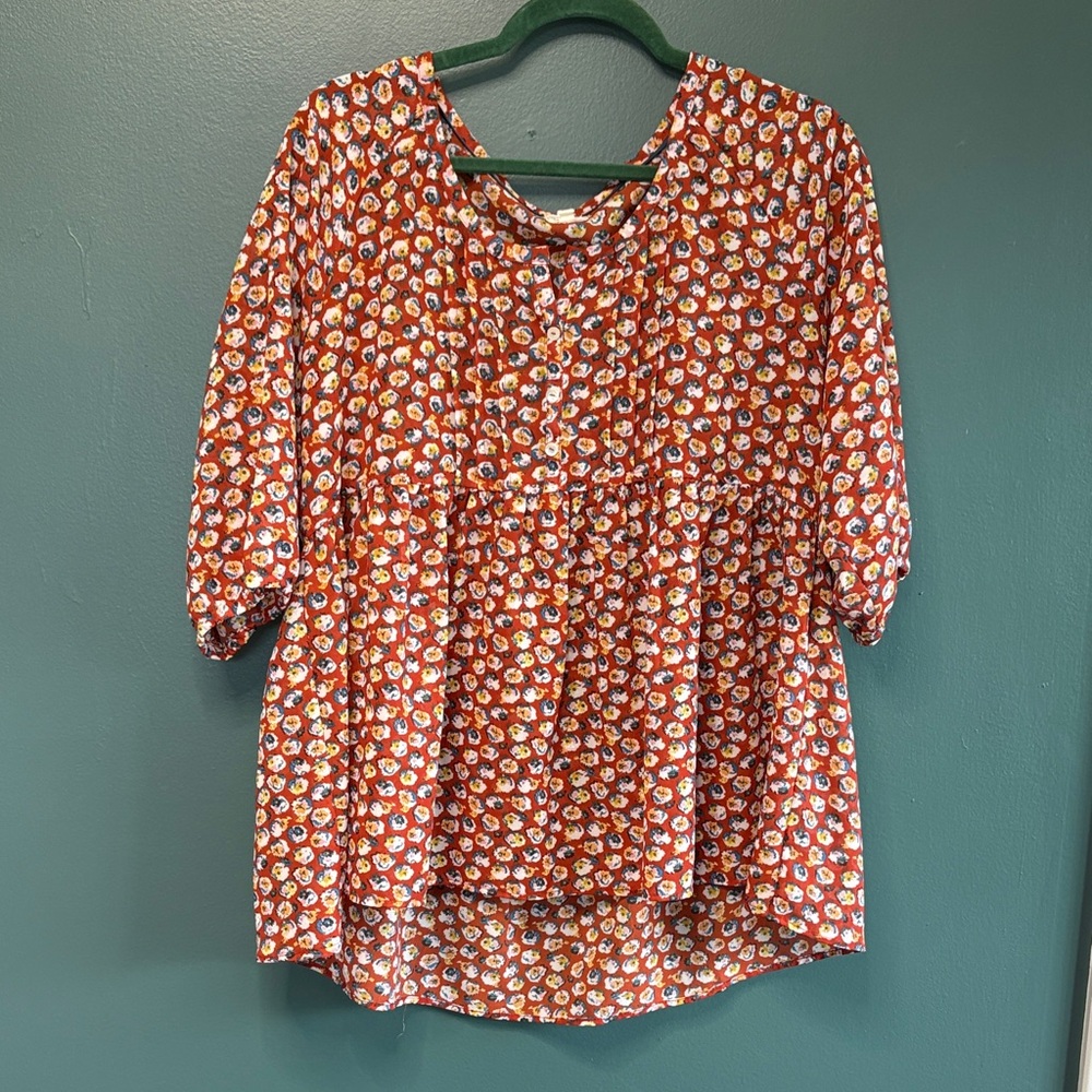 Antilia Femme Rust Red Floral Peasant Blouse size XL